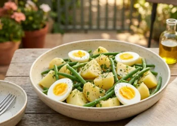 Insalata di patate, fagiolini croccanti e uova sode a spicchi condita con prezzemolo e olio in una ciotola di ceramica su un tavolo di legno.