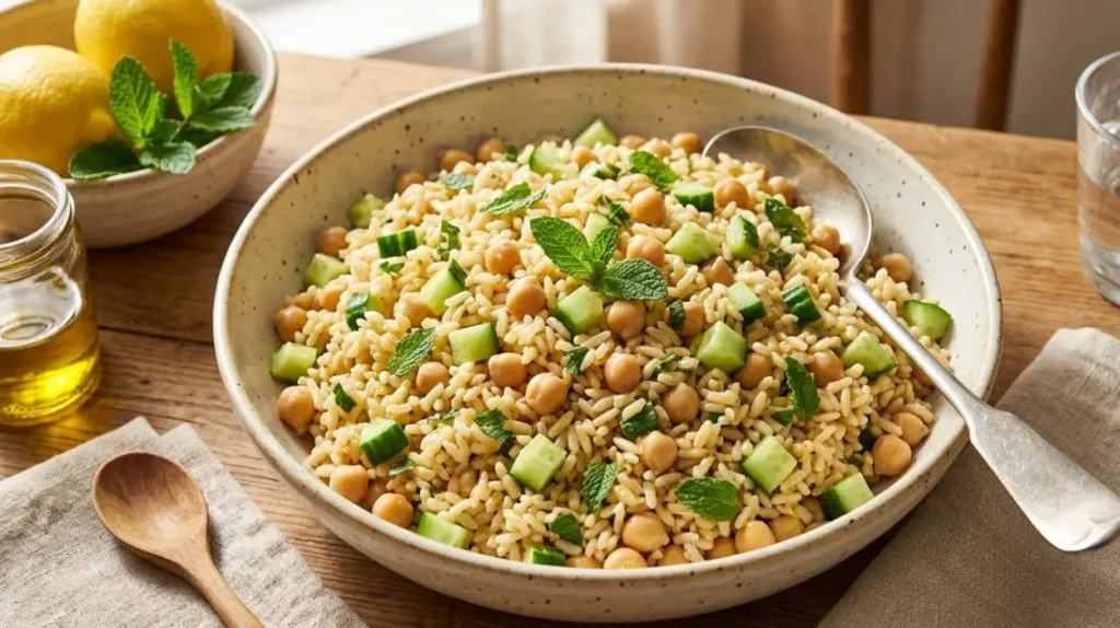 insalata-riso-ceci-cetrioli-leggera Insalata di riso estiva con ceci, cubetti di cetriolo e menta fresca servita in una ciotola bianca su un tavolo all'aperto.