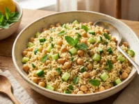 Insalata di riso estiva con ceci, cubetti di cetriolo e menta fresca servita in una ciotola bianca su un tavolo all'aperto.