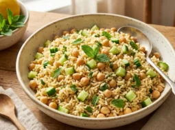Insalata di riso estiva con ceci, cubetti di cetriolo e menta fresca servita in una ciotola bianca su un tavolo all'aperto.