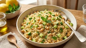 Insalata di riso estiva con ceci, cubetti di cetriolo e menta fresca servita in una ciotola bianca su un tavolo all'aperto.