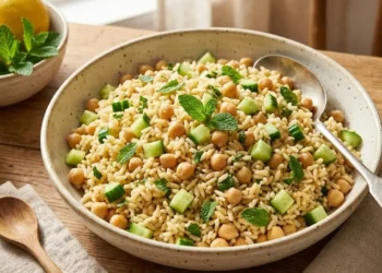 insalata-riso-ceci-cetrioli-leggera Insalata di riso estiva con ceci, cubetti di cetriolo e menta fresca servita in una ciotola bianca su un tavolo all'aperto.