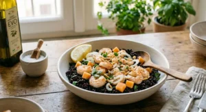 Piatto pronto di insalata di riso venere nero con gamberetti saltati, cubetti di melone arancione e rondelle di sedano fresco.