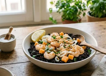 Piatto pronto di insalata di riso venere nero con gamberetti saltati, cubetti di melone arancione e rondelle di sedano fresco.