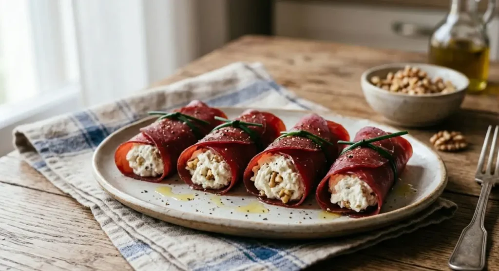 Involtini di bresaola e ricotta fatti in casa Involtini di bresaola ripieni di mousse di ricotta montata con la forchetta e noci sminuzzate, serviti su un piatto rustico.
