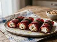Involtini di bresaola ripieni di mousse di ricotta montata con la forchetta e noci sminuzzate, serviti su un piatto rustico.