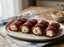 Involtini di bresaola e ricotta fatti in casa Involtini di bresaola ripieni di mousse di ricotta montata con la forchetta e noci sminuzzate, serviti su un piatto rustico.