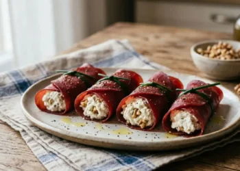 Involtini di bresaola e ricotta fatti in casa Involtini di bresaola ripieni di mousse di ricotta montata con la forchetta e noci sminuzzate, serviti su un piatto rustico.