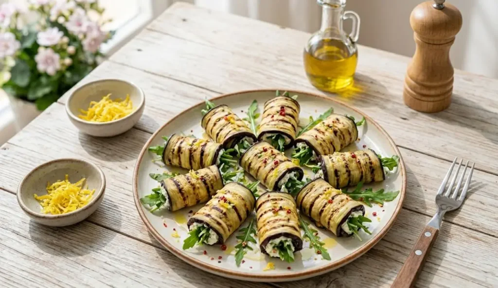 involtini di melanzane light Involtini di melanzane grigliate ripieni di crema di robiola e rucola fresca, disposti a raggiera su un piatto di ceramica su un tavolo in legno luminoso.