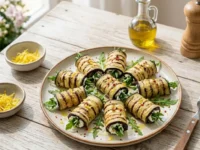 Involtini di melanzane grigliate ripieni di crema di robiola e rucola fresca, disposti a raggiera su un piatto di ceramica su un tavolo in legno luminoso.