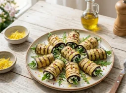Involtini di melanzane grigliate ripieni di crema di robiola e rucola fresca, disposti a raggiera su un piatto di ceramica su un tavolo in legno luminoso.