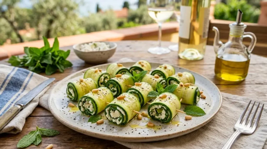 Involtini di zucchine e caprino - Antipasto freddo veloce Involtini di zucchine crude ripieni di formaggio caprino e menta fresca, serviti su un piatto da portata in una terrazza estiva all'aperto.