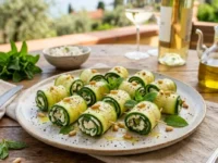 Involtini di zucchine crude ripieni di formaggio caprino e menta fresca, serviti su un piatto da portata in una terrazza estiva all'aperto.