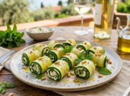 Involtini di zucchine e caprino - Antipasto freddo veloce Involtini di zucchine crude ripieni di formaggio caprino e menta fresca, serviti su un piatto da portata in una terrazza estiva all'aperto.