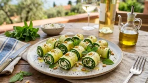 Involtini di zucchine e caprino - Antipasto freddo veloce Involtini di zucchine crude ripieni di formaggio caprino e menta fresca, serviti su un piatto da portata in una terrazza estiva all'aperto.