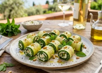 Involtini di zucchine crude ripieni di formaggio caprino e menta fresca, serviti su un piatto da portata in una terrazza estiva all'aperto.