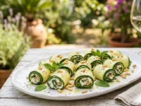 Involtini di zucchine crude ripieni di caprino, menta e pinoli tostati su un tavolo estivo all'aperto
