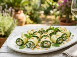 Involtini di zucchine crude con caprino Involtini di zucchine crude ripieni di caprino, menta e pinoli tostati su un tavolo estivo all'aperto