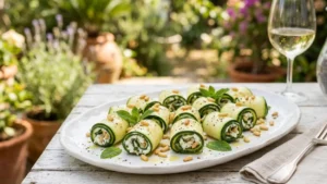 Involtini di zucchine crude con caprino Involtini di zucchine crude ripieni di caprino, menta e pinoli tostati su un tavolo estivo all'aperto
