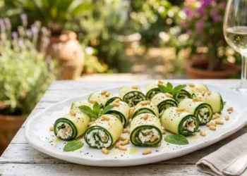 Involtini di zucchine crude con caprino Involtini di zucchine crude ripieni di caprino, menta e pinoli tostati su un tavolo estivo all'aperto
