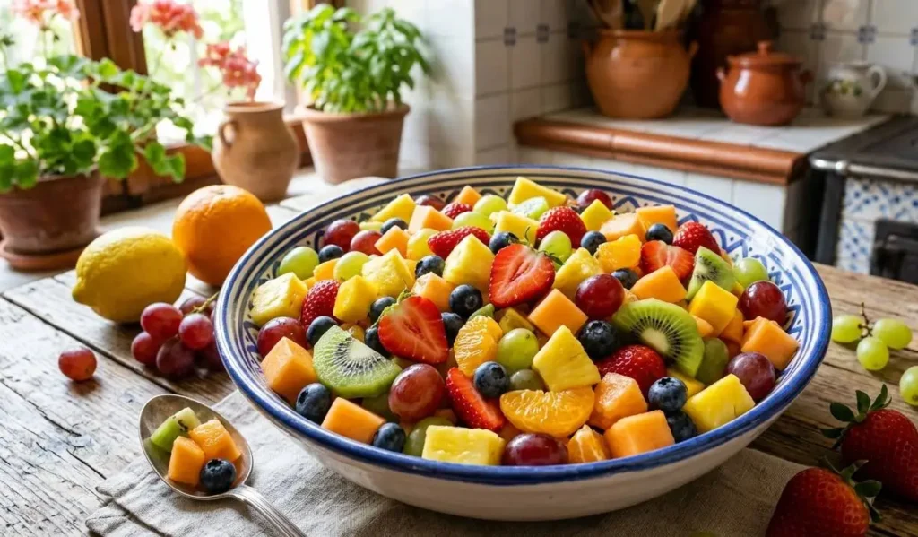 Macedonia di frutta fresca e soda con fragole kiwi e ananas in una ciotola di ceramica su tavolo in legno