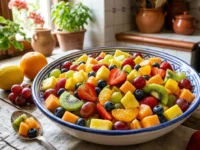 Macedonia di frutta fresca e soda con fragole kiwi e ananas in una ciotola di ceramica su tavolo in legno