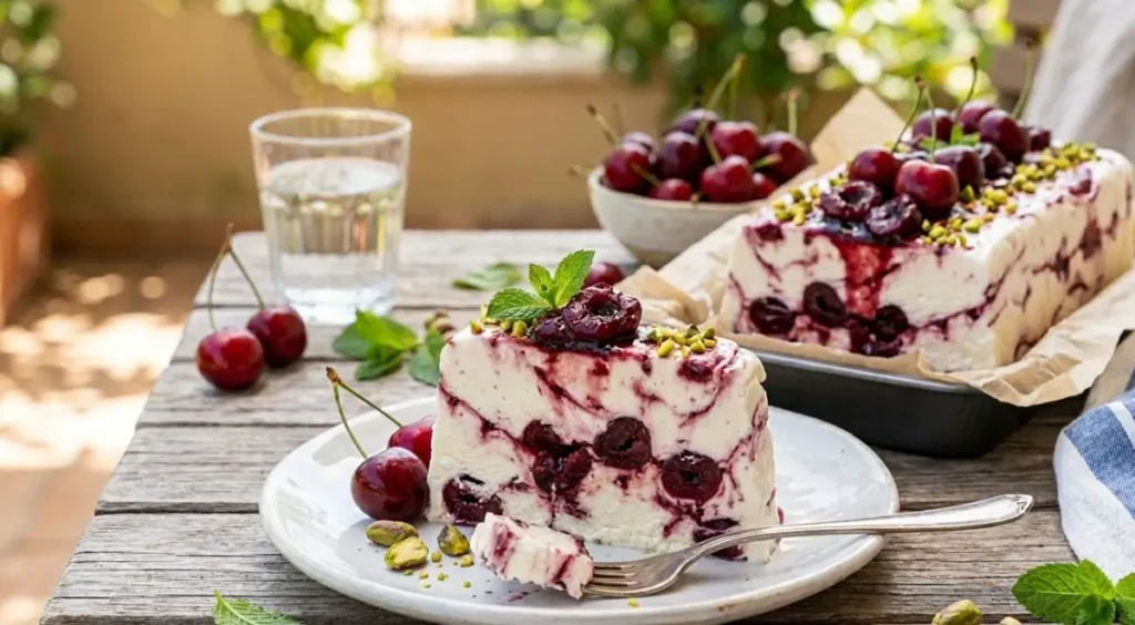 Semifreddo allo yogurt e ciliegie di giugno Fetta di mattonella fredda allo yogurt greco e ciliegie spadellate con granella di pistacchi su tavolo in legno all'aperto.