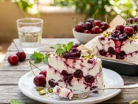 Fetta di mattonella fredda allo yogurt greco e ciliegie spadellate con granella di pistacchi su tavolo in legno all'aperto.