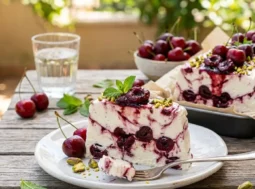 Semifreddo allo yogurt e ciliegie di giugno Fetta di mattonella fredda allo yogurt greco e ciliegie spadellate con granella di pistacchi su tavolo in legno all'aperto.