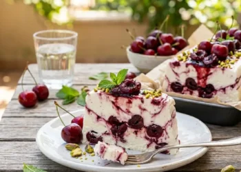Fetta di mattonella fredda allo yogurt greco e ciliegie spadellate con granella di pistacchi su tavolo in legno all'aperto.