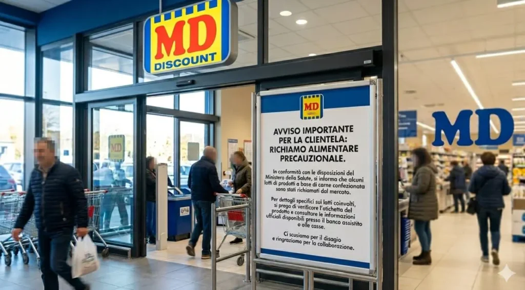 Ingresso di un supermercato MD con un grande cartello informativo in primo piano che segnala un avviso importante di richiamo alimentare precauzionale per la clientela.