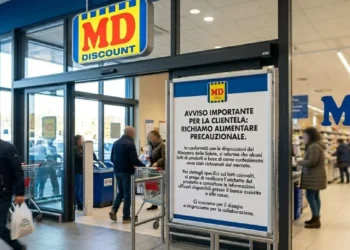 md-supermercati-allerta-richiamo-alimentare Ingresso di un supermercato MD con un grande cartello informativo in primo piano che segnala un avviso importante di richiamo alimentare precauzionale per la clientela.