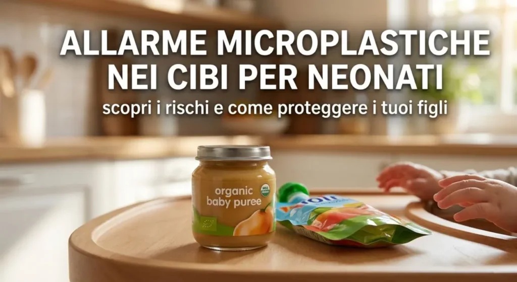 Un vasetto di omogeneizzato in vetro accanto a una bustina pouch flessibile sul tavolo di un seggiolone in cucina, immagine di copertina per l'allarme microplastiche nel cibo per neonati.