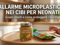 Un vasetto di omogeneizzato in vetro accanto a una bustina pouch flessibile sul tavolo di un seggiolone in cucina, immagine di copertina per l'allarme microplastiche nel cibo per neonati.