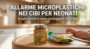 Un vasetto di omogeneizzato in vetro accanto a una bustina pouch flessibile sul tavolo di un seggiolone in cucina, immagine di copertina per l'allarme microplastiche nel cibo per neonati.