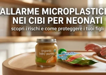 Allarme microplastiche nel baby food: omogeneizzati in vetro e bustine pouch. Un vasetto di omogeneizzato in vetro accanto a una bustina pouch flessibile sul tavolo di un seggiolone in cucina, immagine di copertina per l'allarme microplastiche nel cibo per neonati.