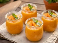 Quattro bicchierini monoporzione di mousse vellutata alle albicocche e yogurt greco, decorati con fettine di albicocca fresca e foglioline di menta su un tavolo di legno all'aperto.