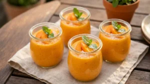 Mousse leggera alle albicocche e yogurt greco - Dessert estivo Quattro bicchierini monoporzione di mousse vellutata alle albicocche e yogurt greco, decorati con fettine di albicocca fresca e foglioline di menta su un tavolo di legno all'aperto.