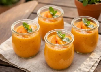 Quattro bicchierini monoporzione di mousse vellutata alle albicocche e yogurt greco, decorati con fettine di albicocca fresca e foglioline di menta su un tavolo di legno all'aperto.