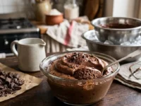 Una ciotola di vetro con mousse al cioccolato densa e spumosa senza uova né panna, accanto a cioccolato fondente tritato, uno sbattitore elettrico e una ciotola di metallo con ghiaccio su un tavolo di legno.