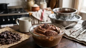 Una ciotola di vetro con mousse al cioccolato densa e spumosa senza uova né panna, accanto a cioccolato fondente tritato, uno sbattitore elettrico e una ciotola di metallo con ghiaccio su un tavolo di legno.