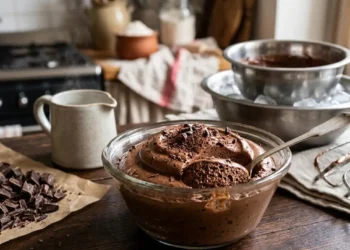 Una ciotola di vetro con mousse al cioccolato densa e spumosa senza uova né panna, accanto a cioccolato fondente tritato, uno sbattitore elettrico e una ciotola di metallo con ghiaccio su un tavolo di legno.