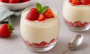 Bicchierino dessert con mousse al limone cremosa, fragole fresche sul fondo e decorazione con fragole e foglioline di menta, pronto per essere gustato.