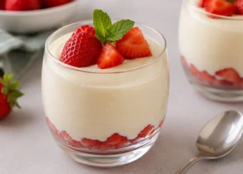 Bicchierino dessert con mousse al limone cremosa, fragole fresche sul fondo e decorazione con fragole e foglioline di menta, pronto per essere gustato.
