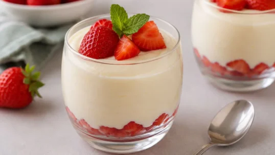 Bicchierino dessert con mousse al limone cremosa, fragole fresche sul fondo e decorazione con fragole e foglioline di menta, pronto per essere gustato.