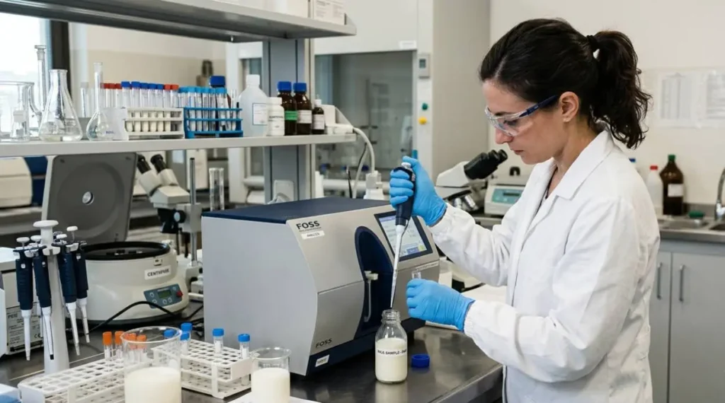 Tecnica di laboratorio in camice bianco esegue il controllo qualità del latte con una pipetta di precisione e uno strumento di analisi FOSS.