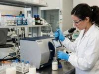Tecnica di laboratorio in camice bianco esegue il controllo qualità del latte con una pipetta di precisione e uno strumento di analisi FOSS.
