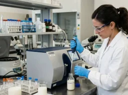 Tecnica di laboratorio in camice bianco esegue il controllo qualità del latte con una pipetta di precisione e uno strumento di analisi FOSS.