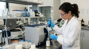 Tecnica di laboratorio in camice bianco esegue il controllo qualità del latte con una pipetta di precisione e uno strumento di analisi FOSS.