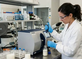 Analisi chimica e microbiologica del latte in laboratorio Tecnica di laboratorio in camice bianco esegue il controllo qualità del latte con una pipetta di precisione e uno strumento di analisi FOSS.